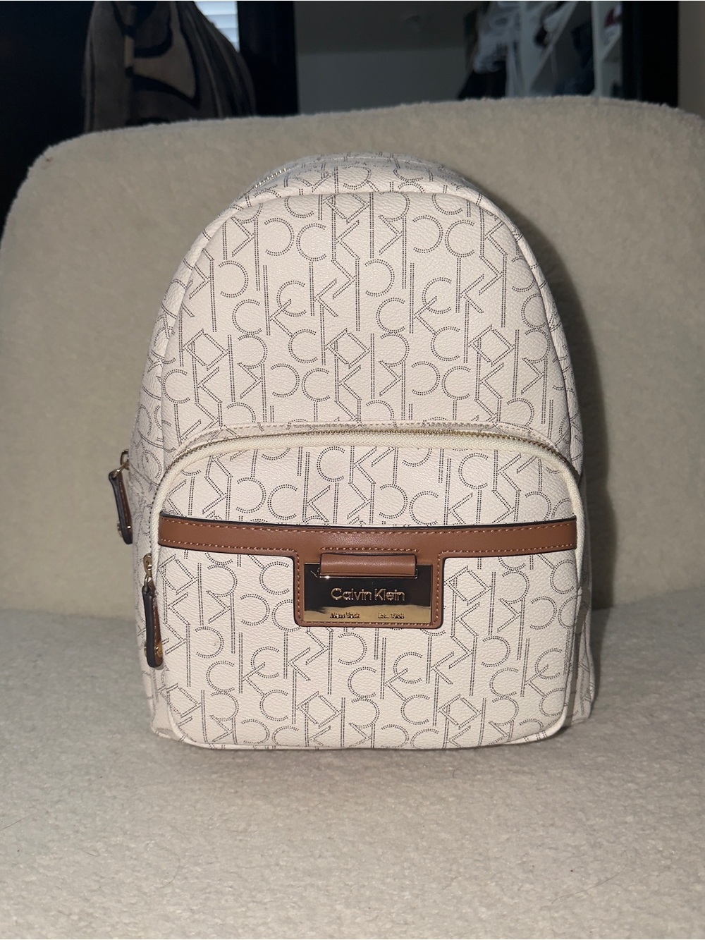 Calvin Klein Cream Logo Mini Backpack with Tan Trim